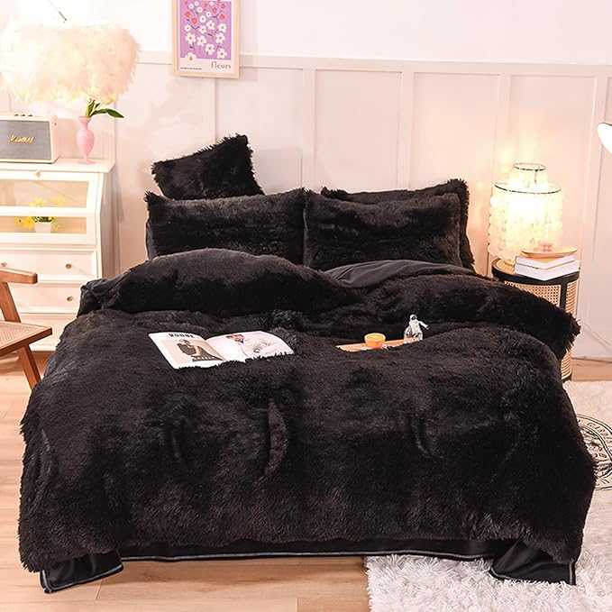 Fluffy Plush Duvet Cover Full Size, Luxury Shaggy Ultra Soft Bedding Set, 3 Pieces Warm