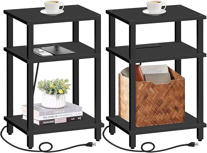 End Table with Charging Station, Side Table with USB Ports and Outlets, Nightstand, 3