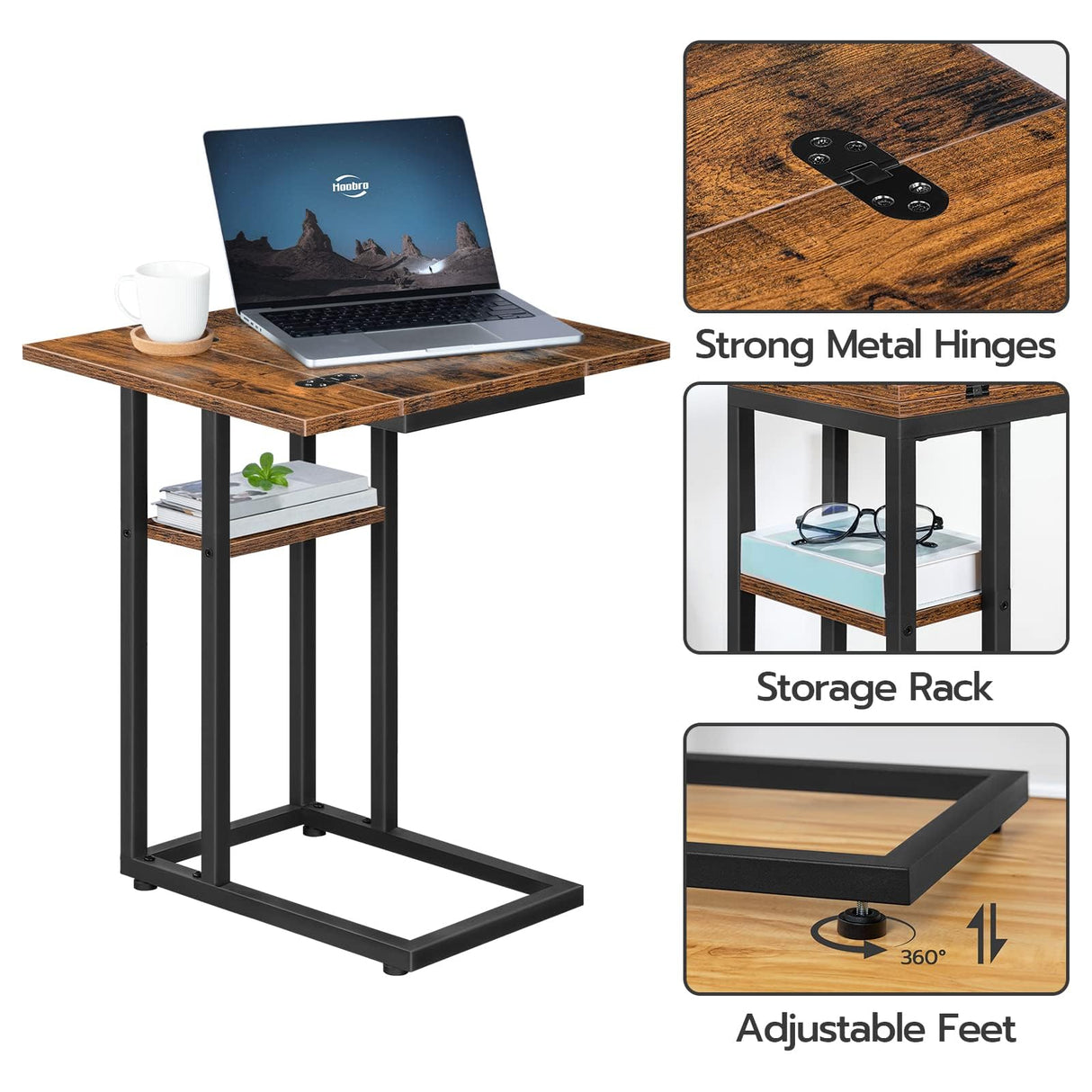 Foldable End Table, C Shaped Side Table with Storage Shelf, Small Snack Table Suitable