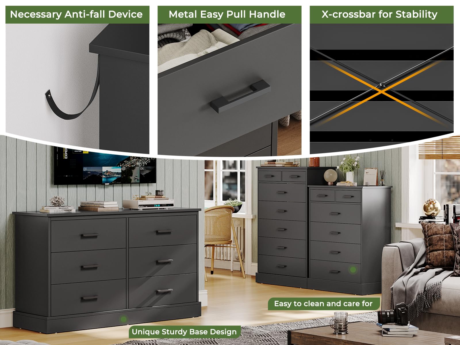 Black Dresser for Bedroom, Tall 7 Drawer Dresser with Sturdy Base