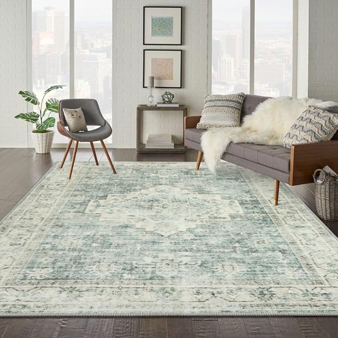 Machine Washable Rug 5x7 Sage Green Rugs for Living Room, Non Slip Vinatge Rug Boho