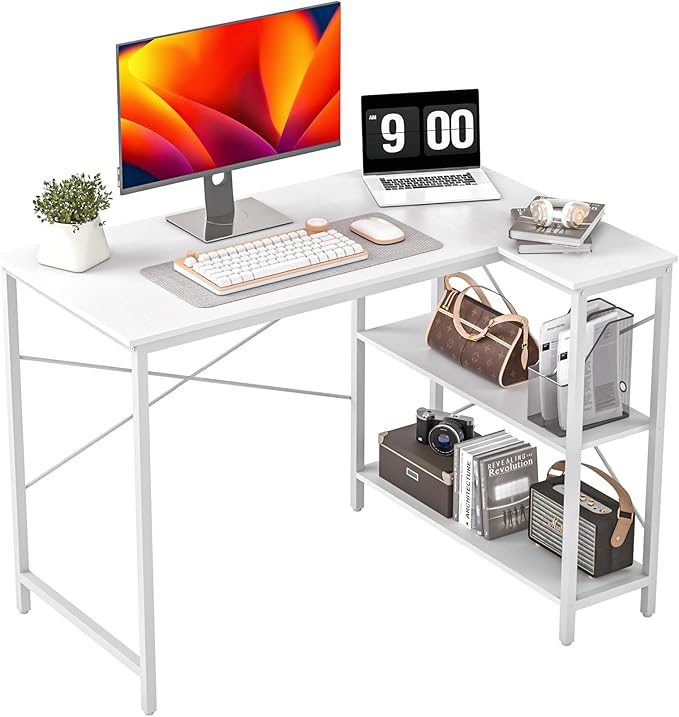 Small Computer Desk,40 Inch L Shaped Desk with Storage Shelves,Gaming Desk,Home Office Corner Reversible Pc Desk,Study Writing Table,Brown