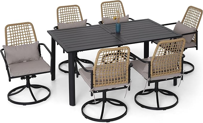 Stackable Rattan Patio Dining Chairs and and Rectangle Table Set of 6 with 63"x38" Wood-Like Table