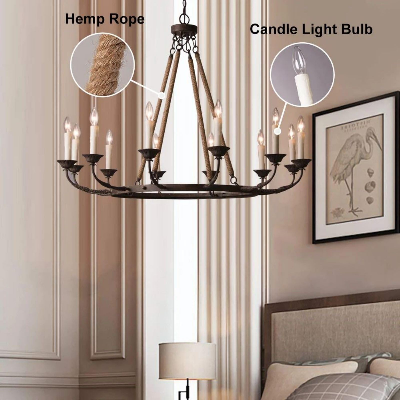 LOVEDIMA Vintage Chandeliers for Dining Room 12-Light Ceiling Light Fixture Flaxen Hemp Rope and Metal Rustic Round Candelabra Chandelier in Rust