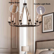 LOVEDIMA Vintage Chandeliers for Dining Room 12-Light Ceiling Light Fixture Flaxen Hemp Rope and Metal Rustic Round Candelabra Chandelier in Rust
