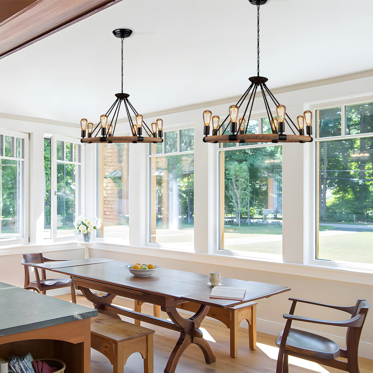 8-Light Wagon Wheel Chandelier, 83.6" Height Adjustable Hemp Rope Farmhouse Chandelier