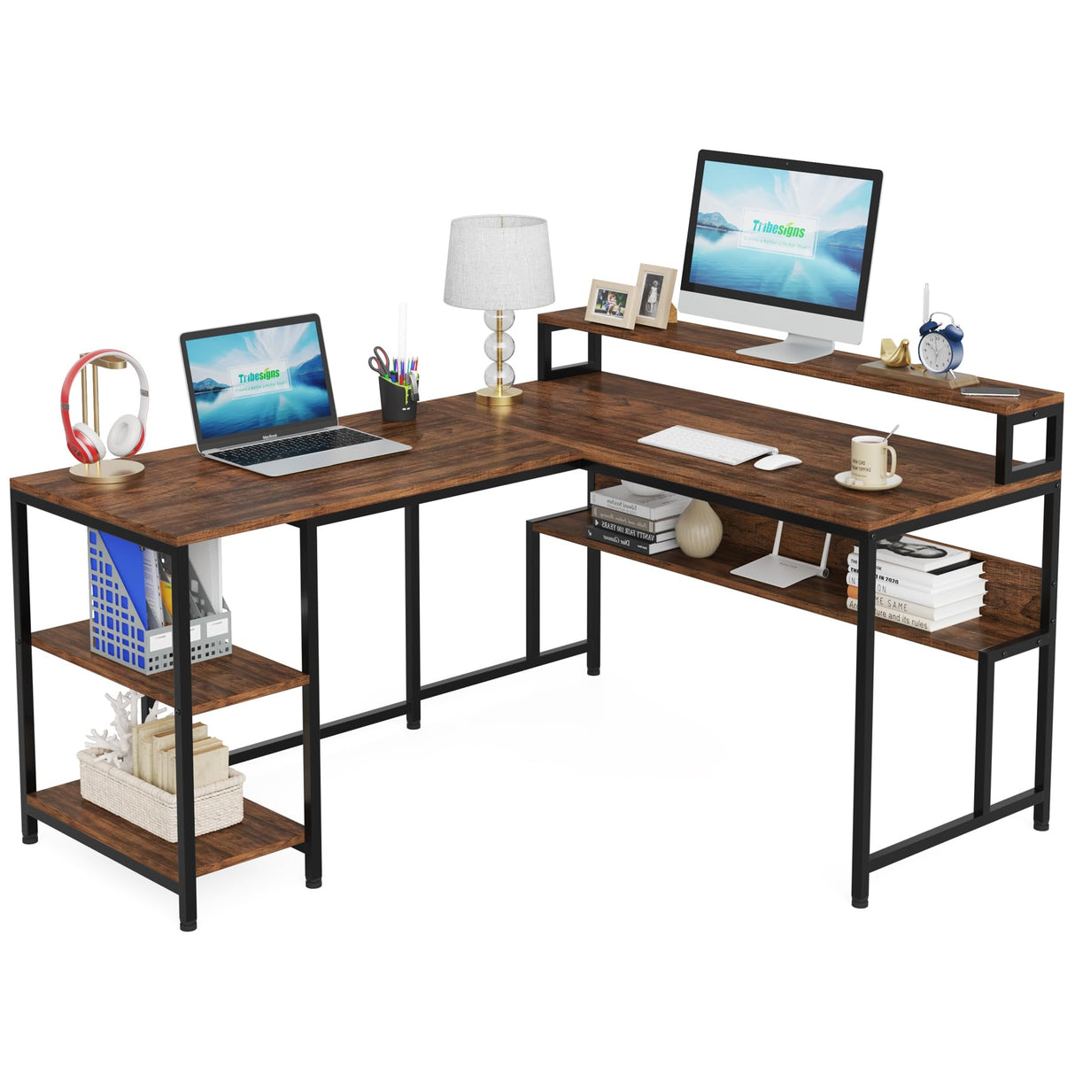 L Shaped Desk with Shelves, 59" Home Office Desk, Reversible Corner Computer Desk