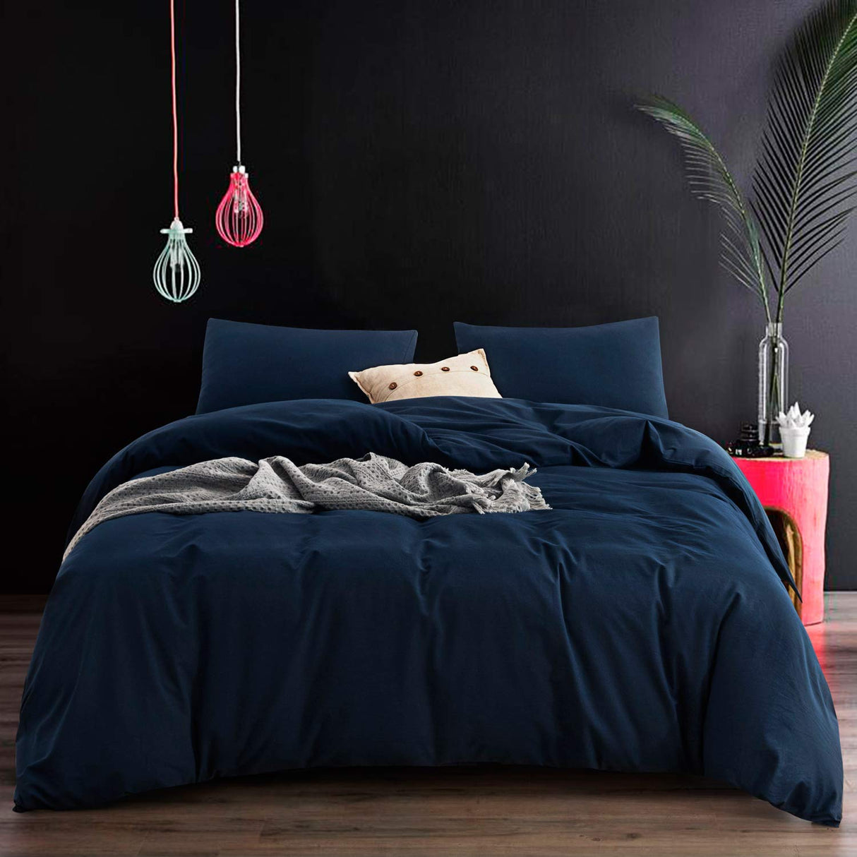 Navy Blue Duvet Cover Queen Size, 100% Washed Cotton 3 Piece Bedding Set