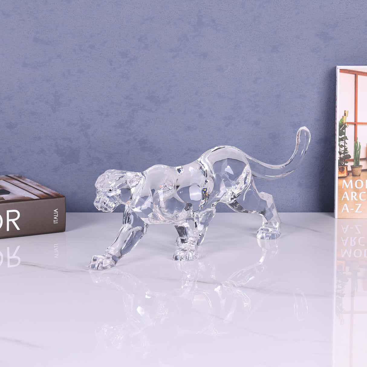 16" L Acrylic Cheetah Statue Crystal Glass Finish, Large Luxury Sculpture and