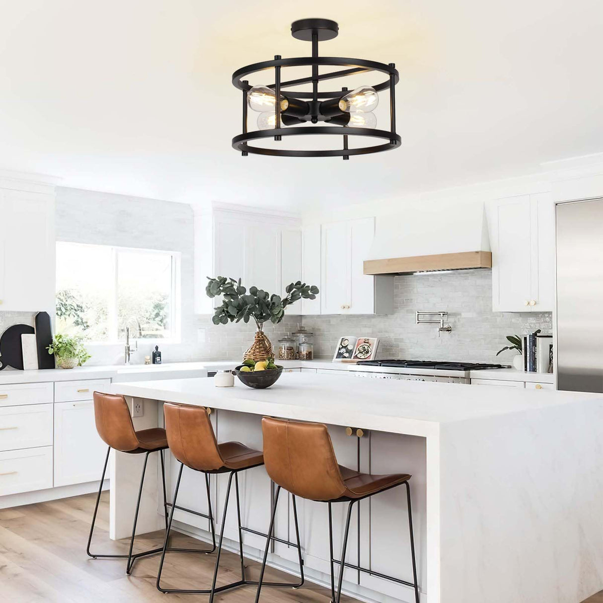 16" Semi Flush Mount 4-Light Industrial Ceiling Light, Black Chandelier