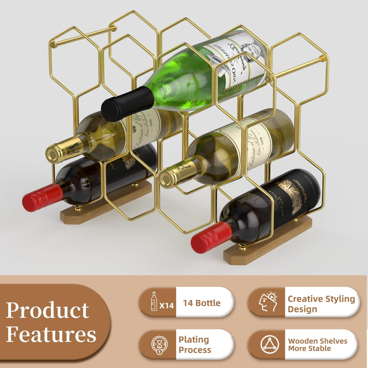 Countertop Wine Rack with Wood Base, 14 Bottle Tabletop Wine Holder