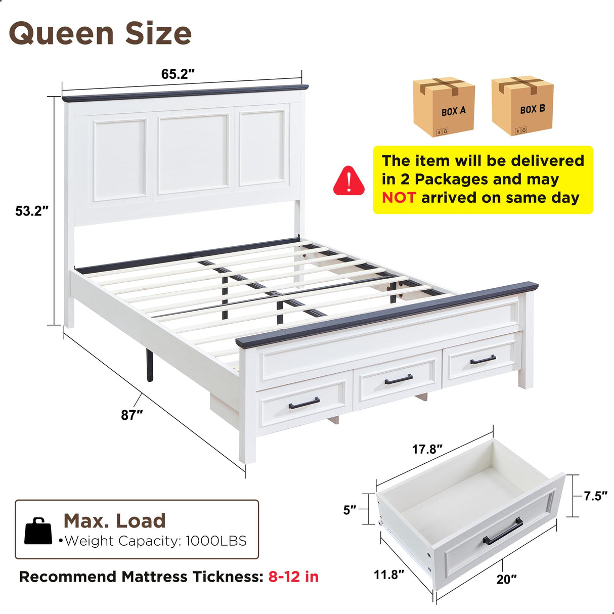 Farmhouse Queen Bed Frame with 52" Tall Headboard & Storage Drawers