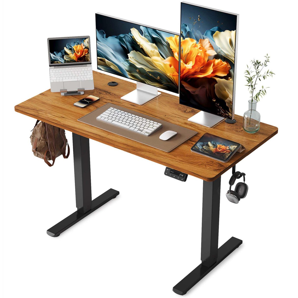 Standing Desk, Adjustable Desk, 48 x 24 Inches Stand Up Desk with Splice Board, Adjustable Height Desk, Electric Desk Computer Desk for Home Office, Black Frame/Rustic Brown Top
