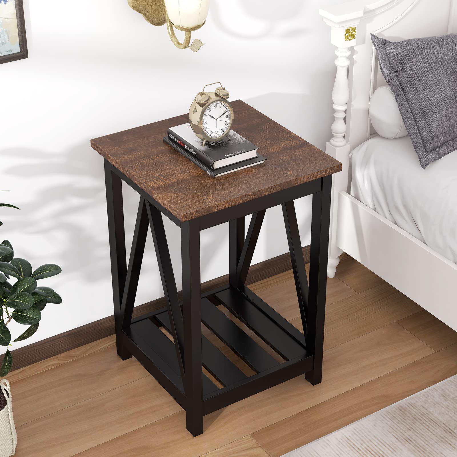 Farmhouse End Table, Rustic Vintage End Side Table with Storage Shelf for Small Spaces