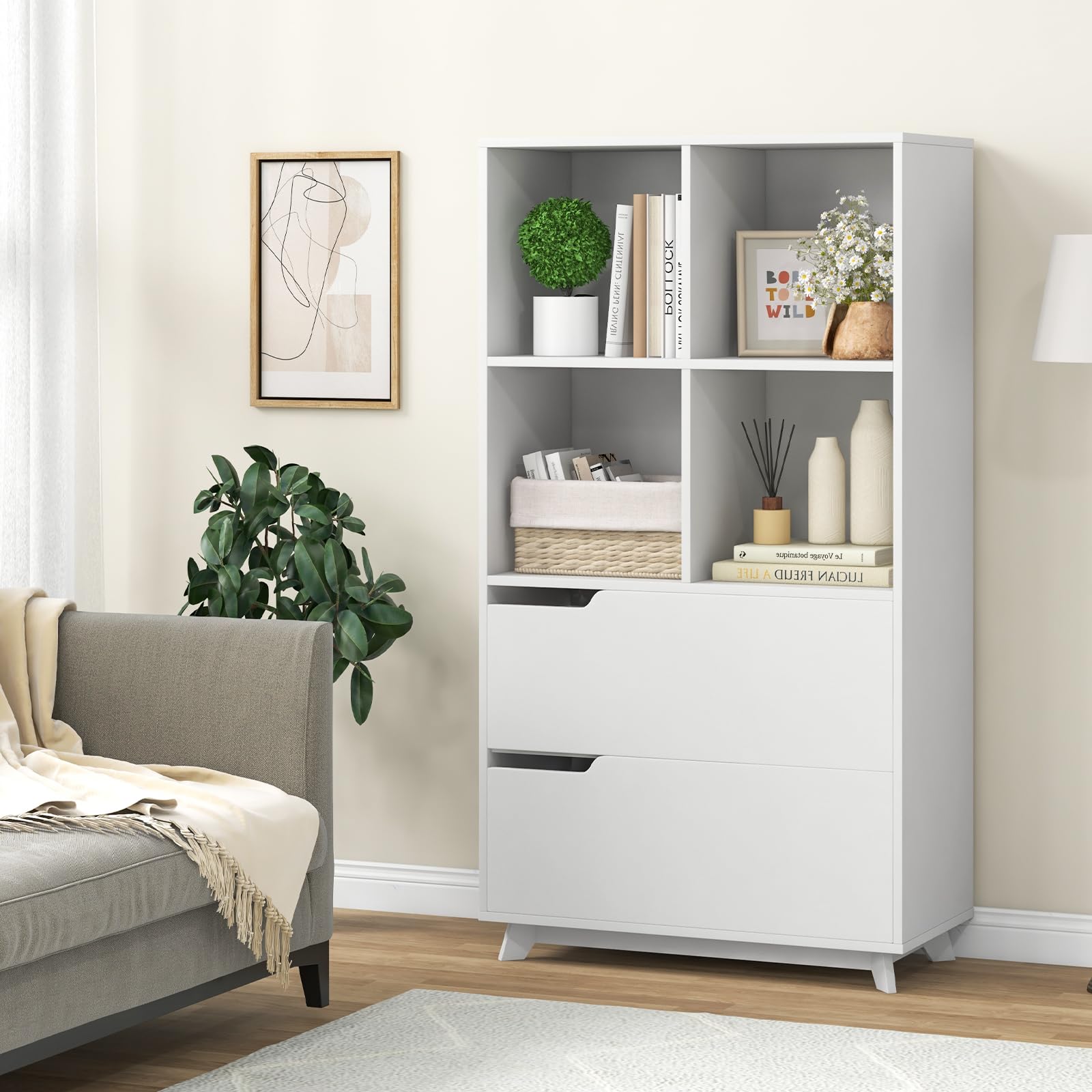 51" Tall Bookcase with 2 Drawers, 4-Tier Open Bookshelf