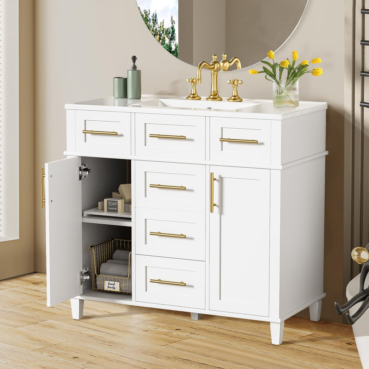 36" Bathroom Vanity with Sink, Modern Bathroom Vanity Cabinet wiht 2 Soft Closing Doors