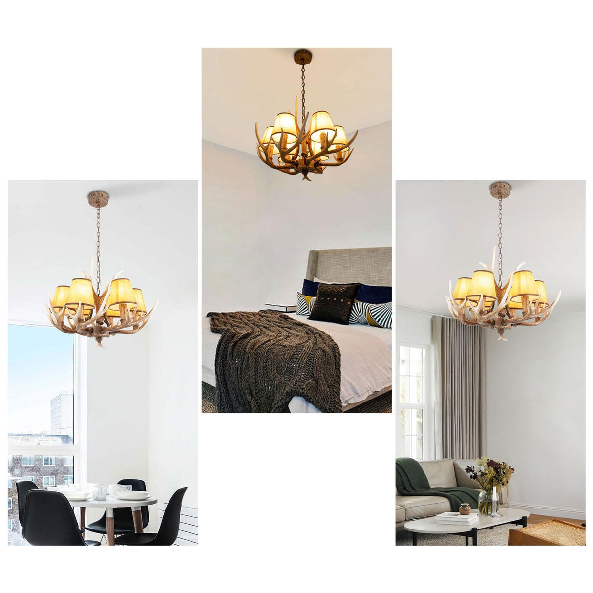 Antler Chandelier 6 Lights,Rustic Antler Pendant Light with Fabric Lampshade