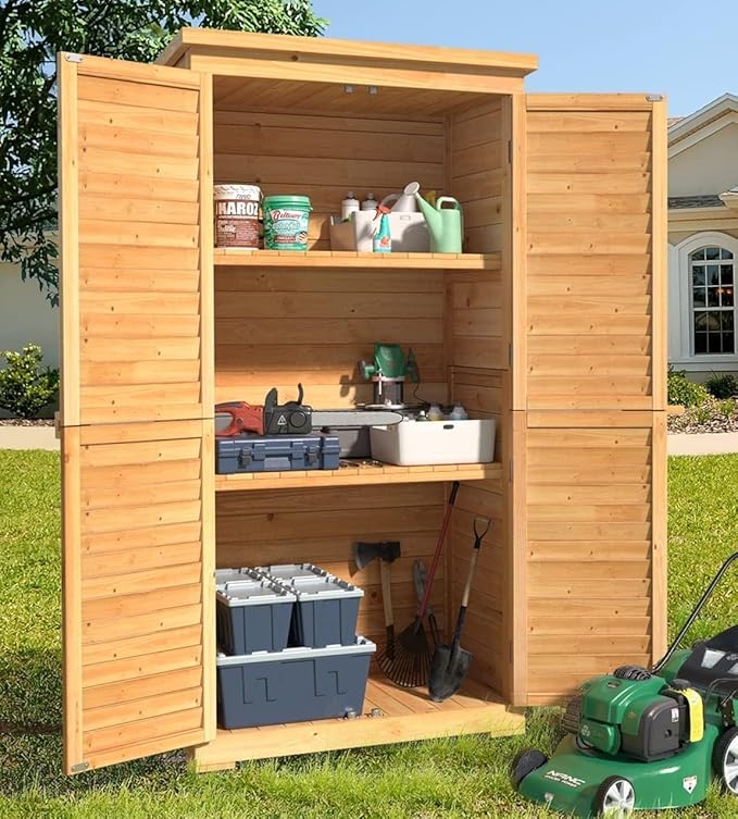 Outdoor Storage Cabinet with 3 Shelves, Double Lockable Wooden Garden Shed