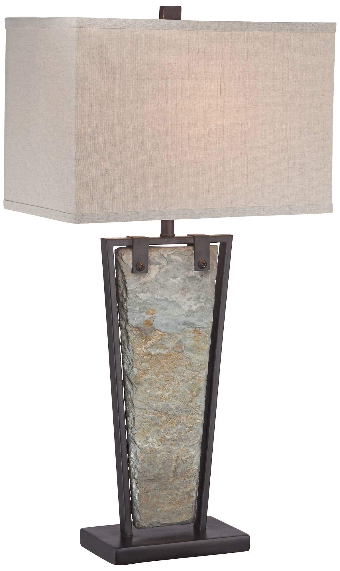 Franklin Iron Works Zion Rustic Farmhouse Table Lamp 30" Tall Natural Slate Bronze Tapered Metal Frame Rectangular Shade for Living Room Bedroom House Bedside Nightstand Home Office Entryway Family