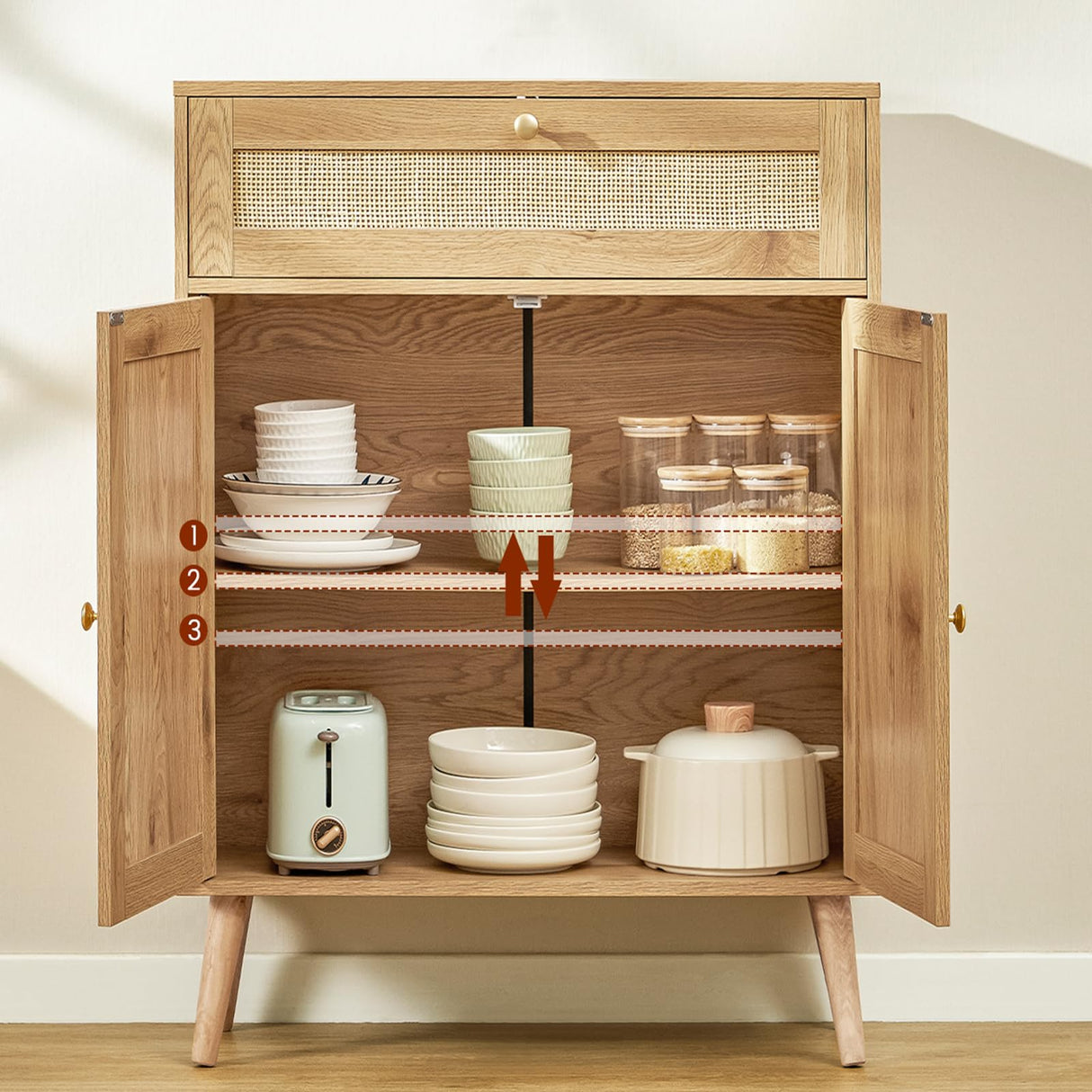 Iwell Storage Cabinet with Adjustable Shelf, Rattan Cabinet with Large Drawer, Sideboard Bufffet Cabient with Storage, Bathroom Storage Cabinet, Accent Cabinet for Entryway, Natural