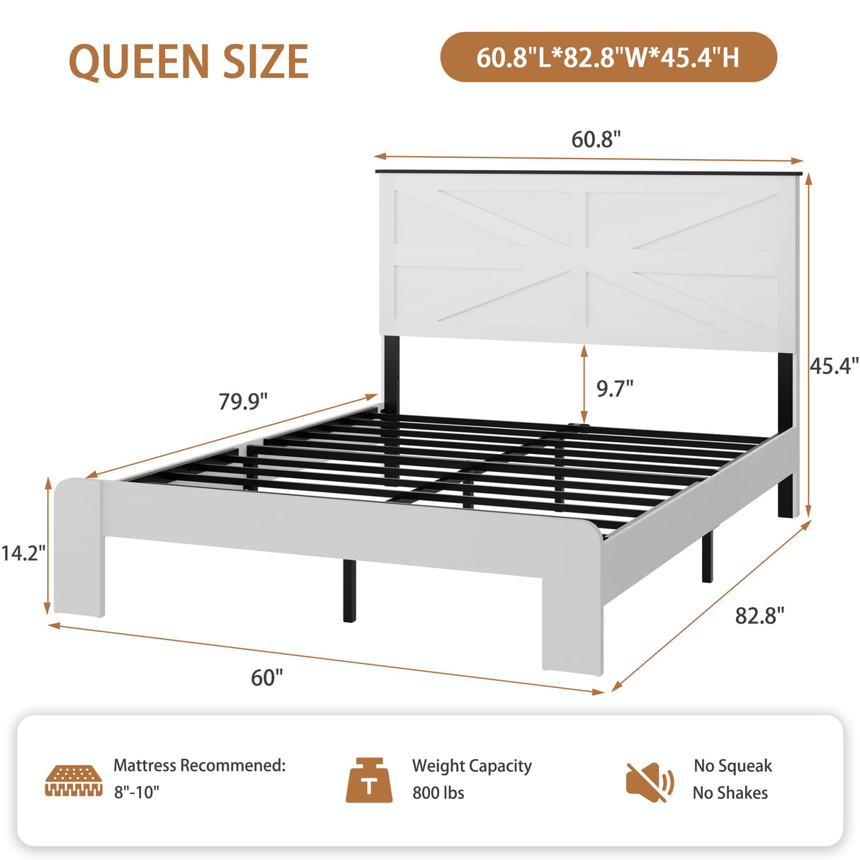Queen Size Farmhouse Wooden Bed Frame with Headboard - White