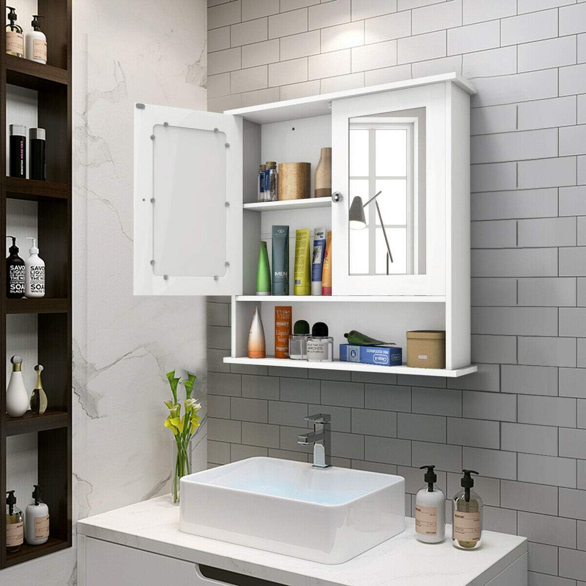 Bathroom Cabinet, Wall Mount Storage Cabinet with Double Mirror Doors