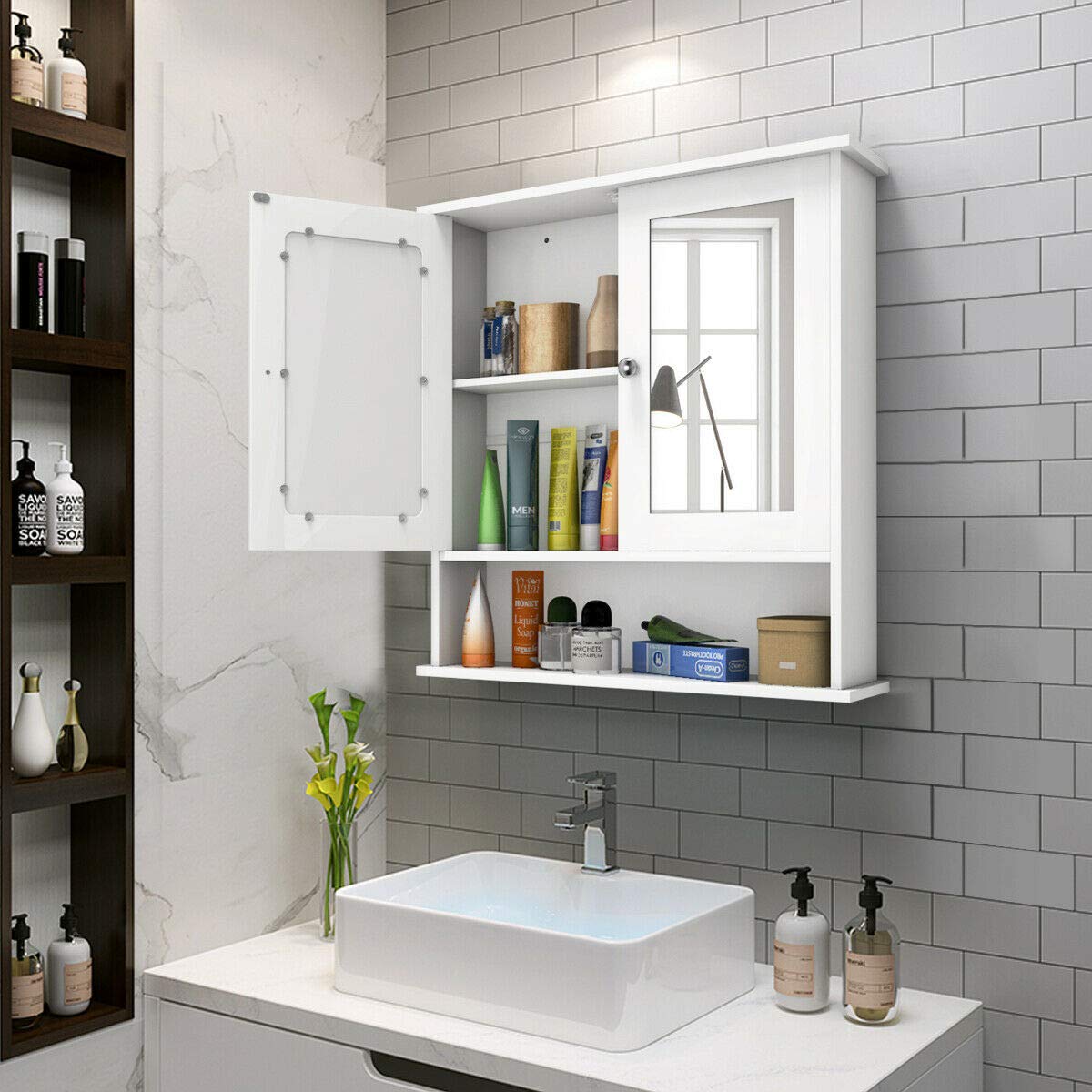 Bathroom Cabinet, Wall Mount Storage Cabinet with Double Mirror Doors