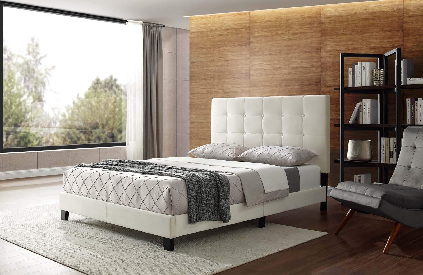 Modern Designer Bedroom Queen Size Platform Bed Frame, Velvet Fabric, Ivory White