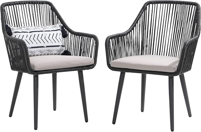 Outdoor Dining Chairs, Patio Dining Chair Set of 2, All-Weather Woven Rope Rattan Chairs