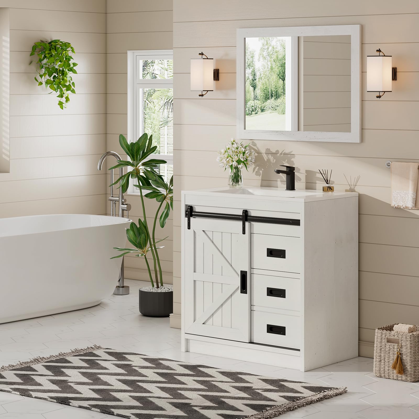 Farmhouse Bathroom Vanity with Sink Combo, 31in Sliding Barn Door Bathroom Vanity Cabinet Set