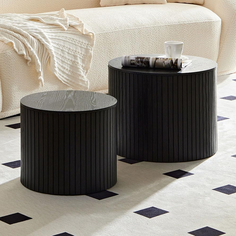 19.17'' Black Round Coffee Table with Storage Nesting Coffee Table
