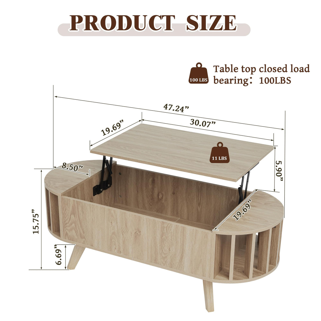 47.3" Lift Top Coffee Table with Hidden Storage, Small End Table with Curved Edge Design