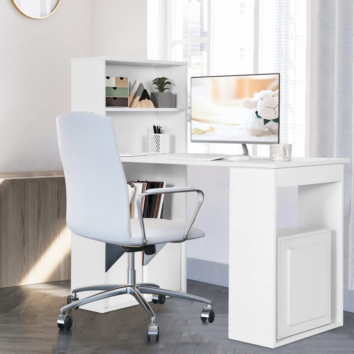 White Computer Desk with Shelves, 48” Study Writing Desk with 6-Tier Storage Shelves,