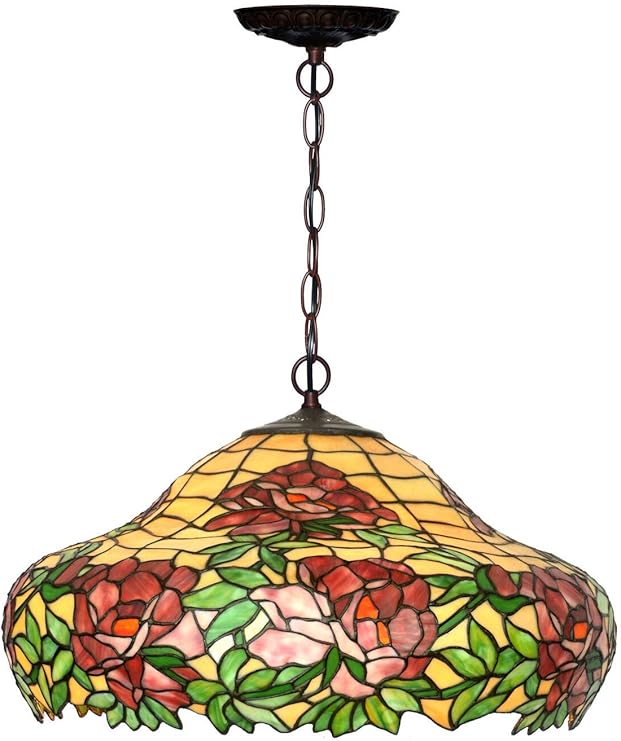 Tiffany Styled Hanging Pendant Lamp, 20 inch Wide Peach Stained Glass Lampshade