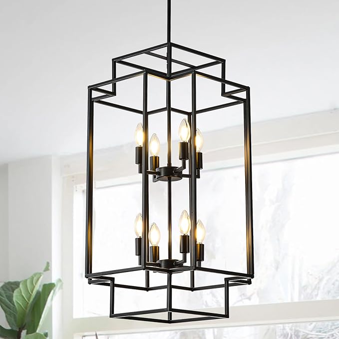 8-Lights Lantern Tiered Pendant Light Fixtures, Black and Silver Foyer Lighting Fixtures