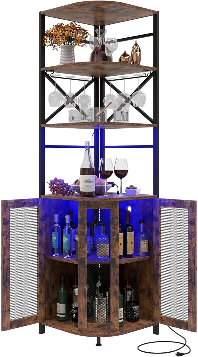 Wine Bar Cabinet with Power Outlet, 6-Tiers Industrial Wine Cabinet