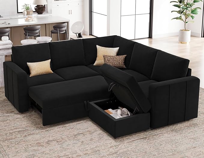 Modular Sectional Sleeper Sofa with Pull Out Couch Bed Velvet Fabric Loveseat Sleeper