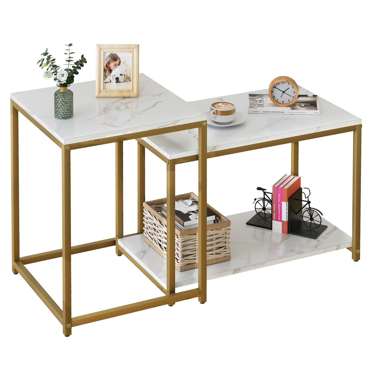 Coffee Table White Rectangular Table for Living Room,Nesting Coffee Table Set of 2 Storage