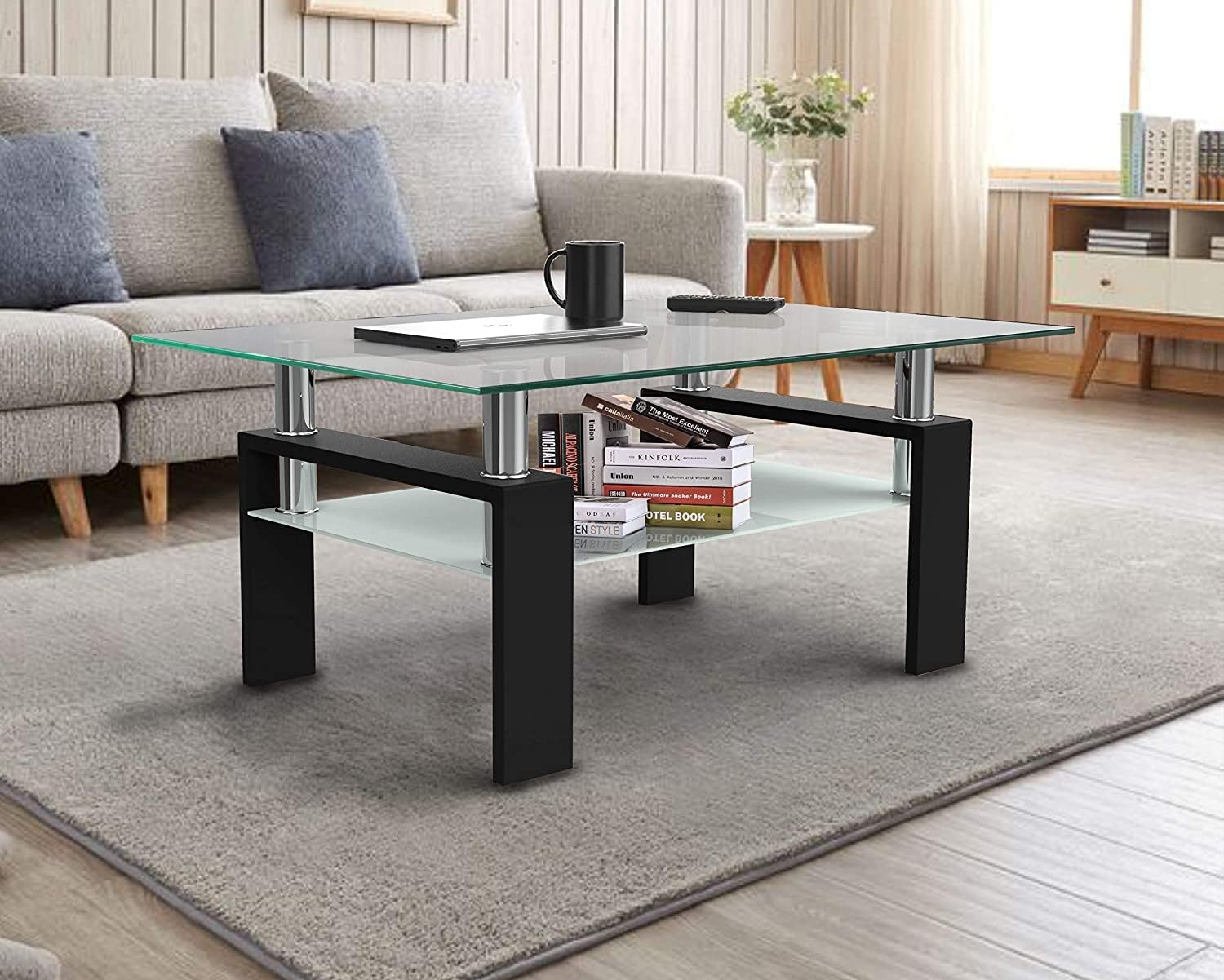 Glass Coffee Table, Rectangular Coffee Table with Metal Legs &Storage Shelf