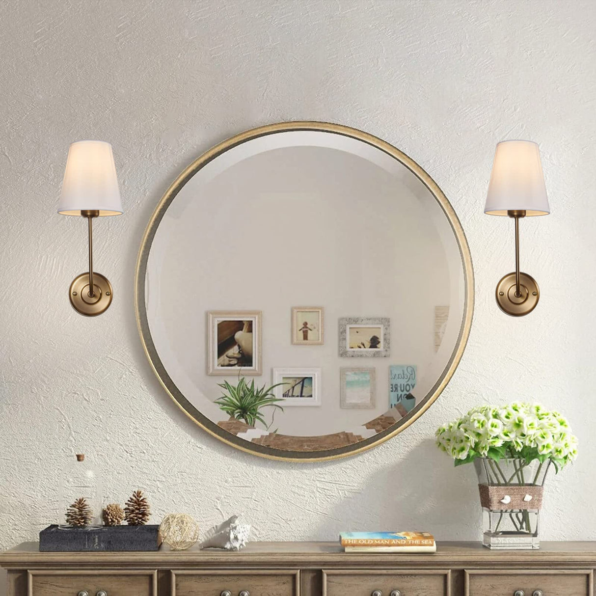 Hardwired Wall Sconce with Flared Shape White Textile Shade Curved Arm and Antique Brass Finish Metal Base