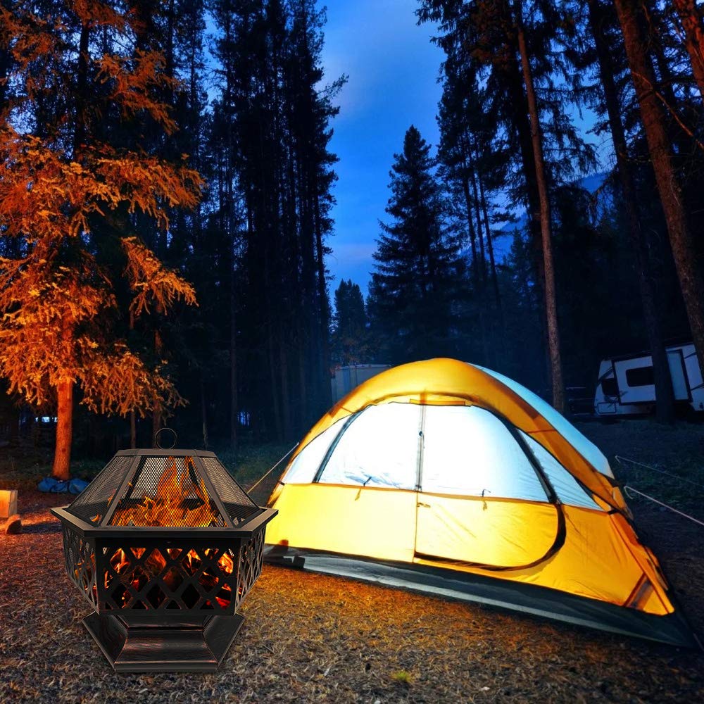 Steel Hexagonal Fire Pit Fire Bowl for Garden and Patio Outdoor Garden Heater Bronze