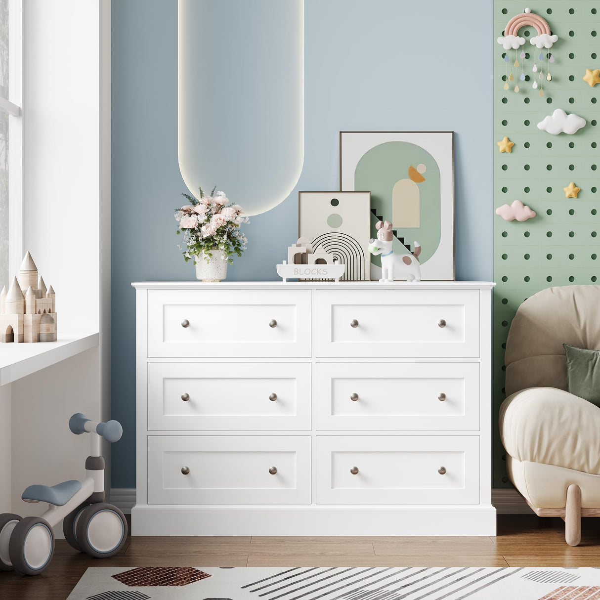 Modern 6 Drawer Double Dresser, White Dresser Wood Dresser