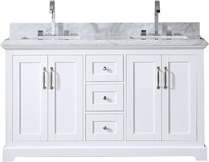 Mareo 60" Solid Wood Double Sink Bathroom Vanity | Marble Countertop & Backsplash