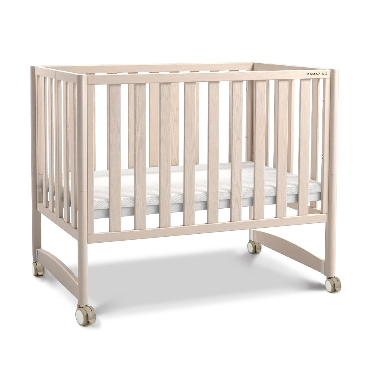 EvoNook 6-in-1 Convertible Mini Crib - Easy Assembly, Portable Folding Baby Mini Crib with Wheels, 100% New Zealand Pinewood, 4 Adjustable Mattress Heights, Washed Nature with Wheels