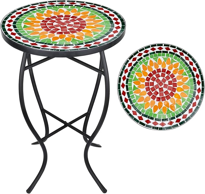 Mosaic Outdoor Side Table, 14" Round Folding Plant Stand for Patio Garden