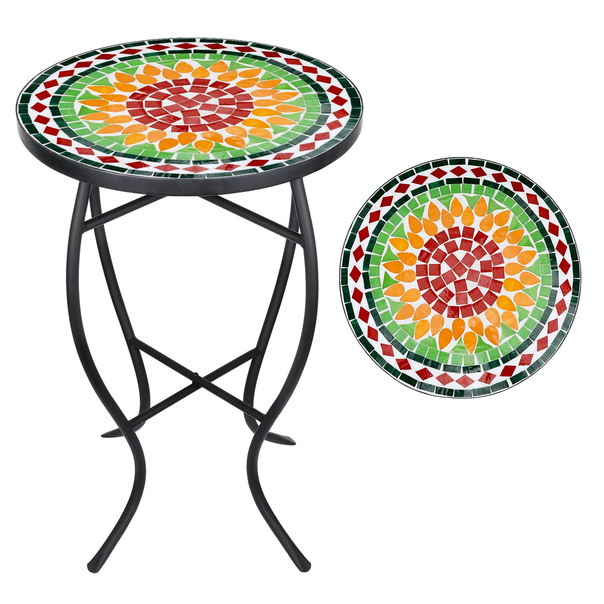 Mosaic Outdoor Side Table, 14" Round Folding Plant Stand for Patio Garden Backyard