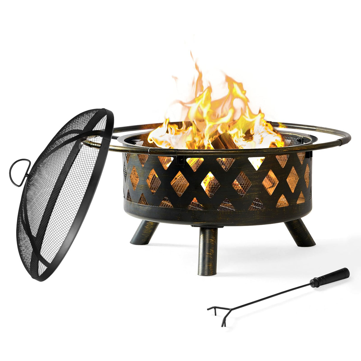 Outdoor Fire Pit 30in Firepit with Spark Screen for Outside Wood Burning Outdoor