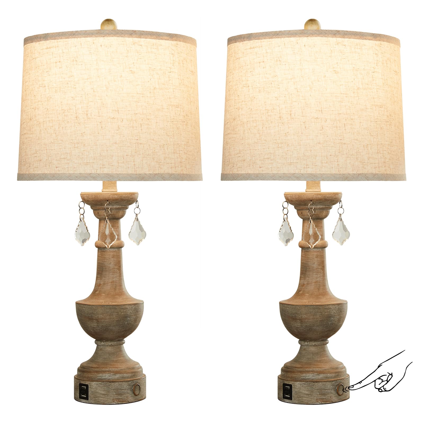 Set of 2 Touch Farmhouse Table Lamps for Living Room, 3 Way Dimmable Rustic Lamp