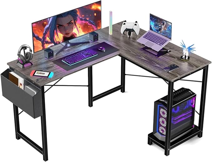 PC Desk for Gaming and Work - 50 Inch Writing Space-Saving Corner Table with CPU Storage Shelf, Side Bag, Home, Office, White