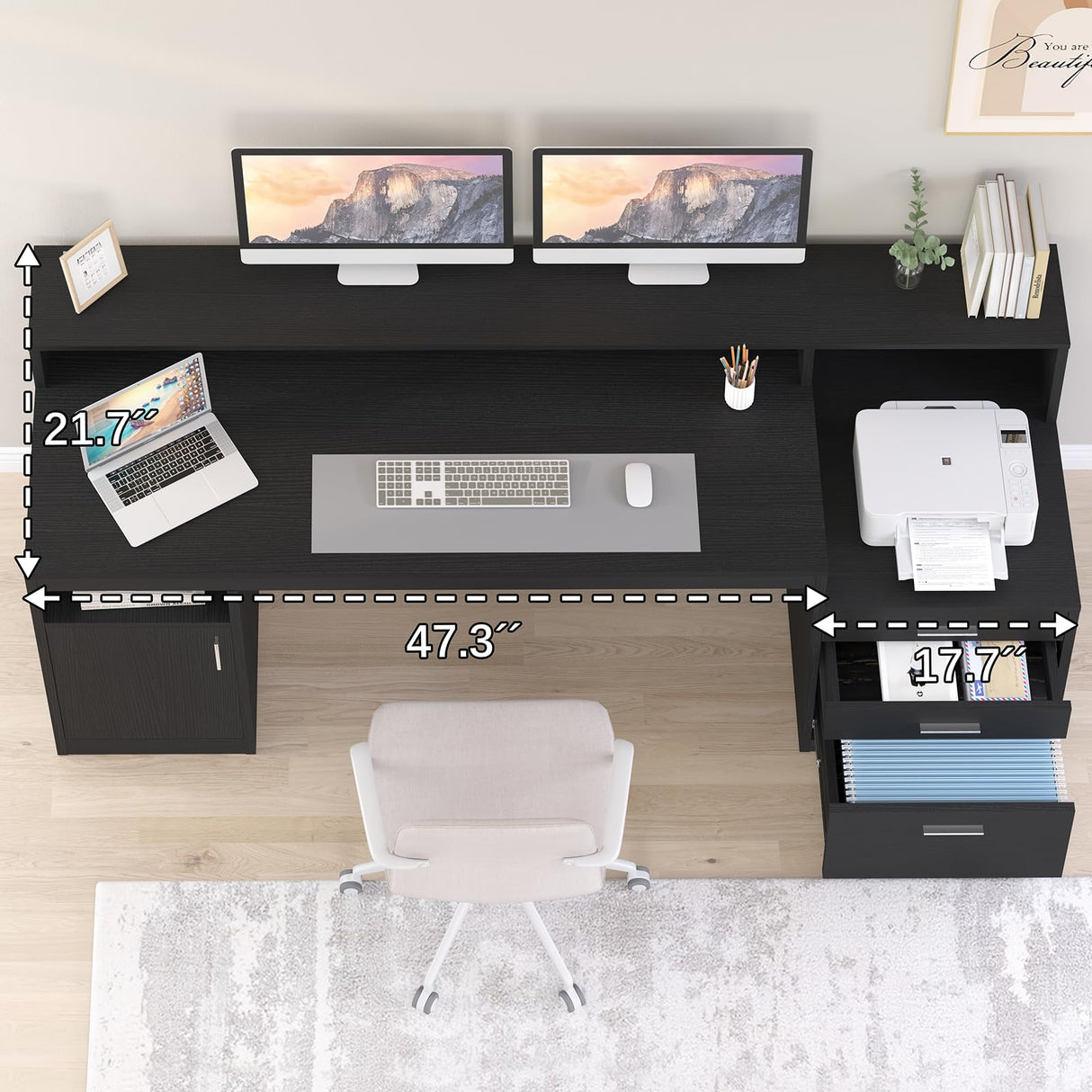 YOMILUVE Computer Desk with 3 Drawer & Storage Shelves, Home Office Desk with File Drawer & Cabinet, Writing Study Table with Long Monitor Stand & Printer Shelf, Executive Workstation